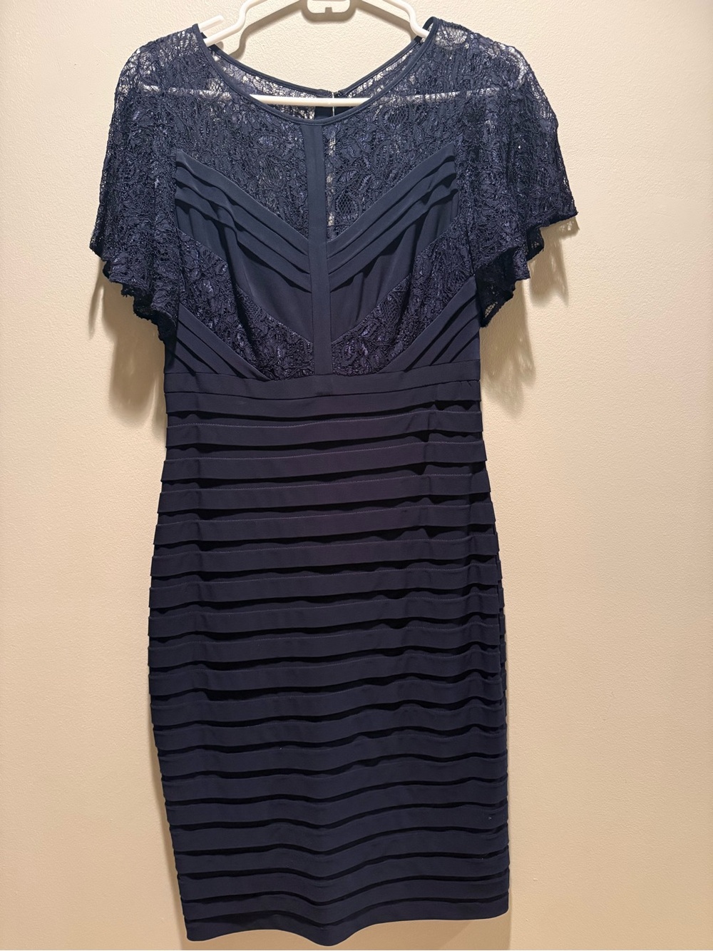 Adrianna Papell Navy Lace Pleated Sheath Dress with Matching Ruffle Cover